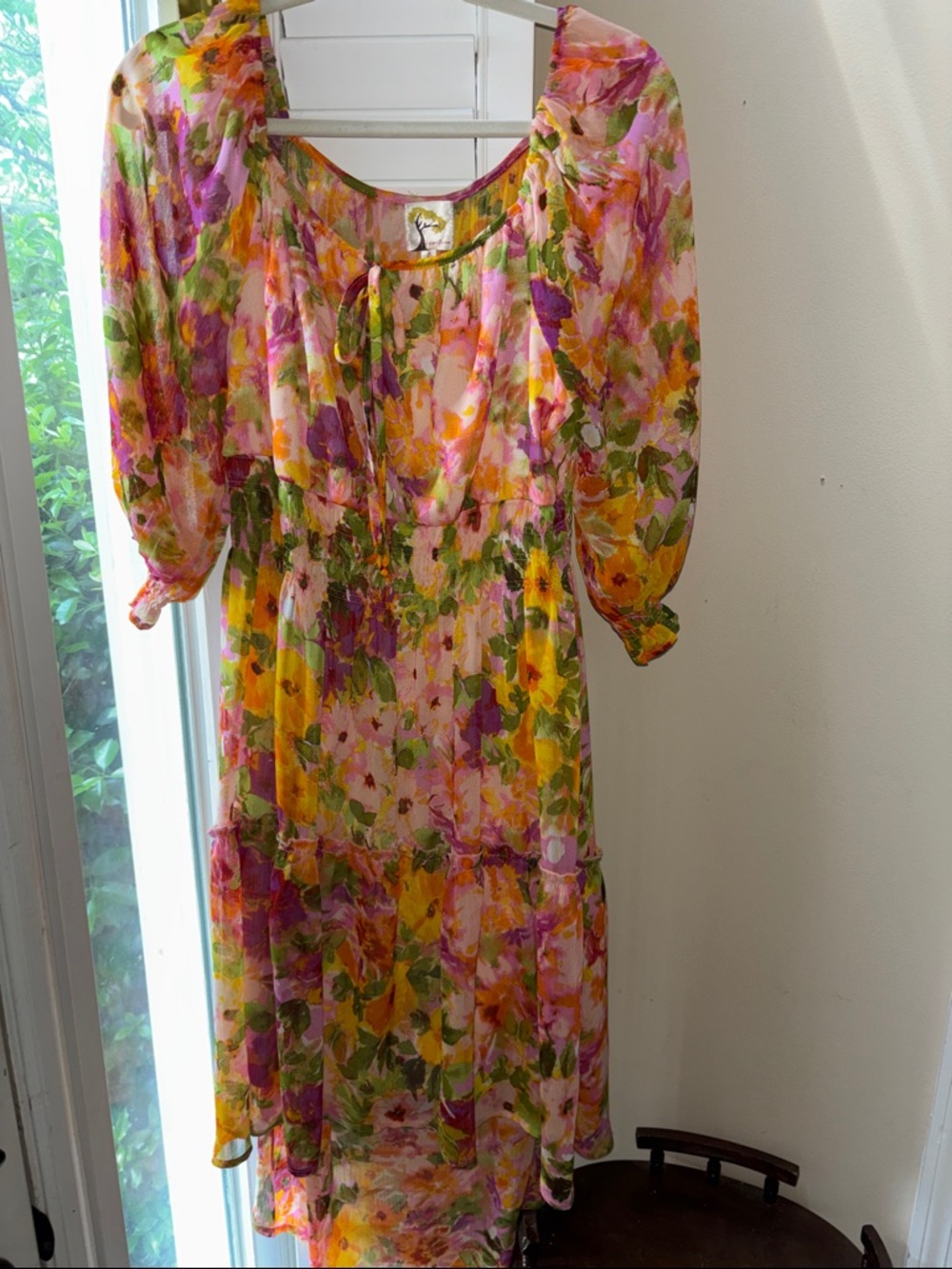 Anthropologie fig and flower Pink, Yellow & Green Sheer Floral Maxi Dress large